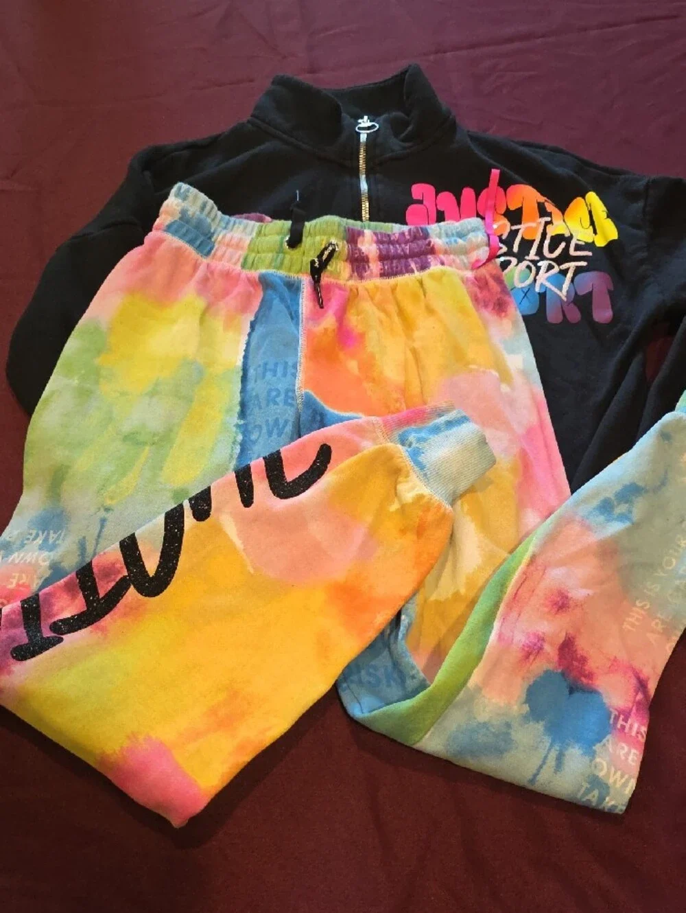 Justice Black Zip Jacket with Rainbow Tie-Dye Leggings